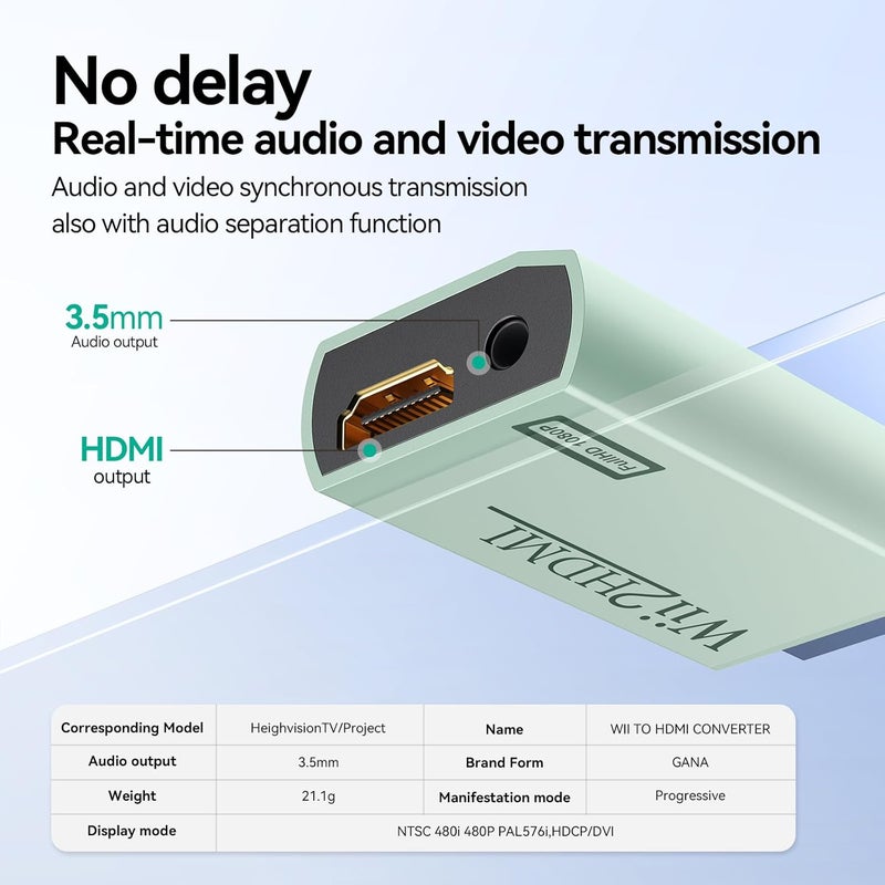 GANA Wii to HDMI Converter Adapter with Hdmi Cable Connect Wii Console to HDMI Display in 1080p Output Video with 3.5mm Audio Supports All Wii Display Modes Turquoise - Image 2